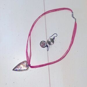 Ribbon/ twine necklace and earrings, pink sparkles